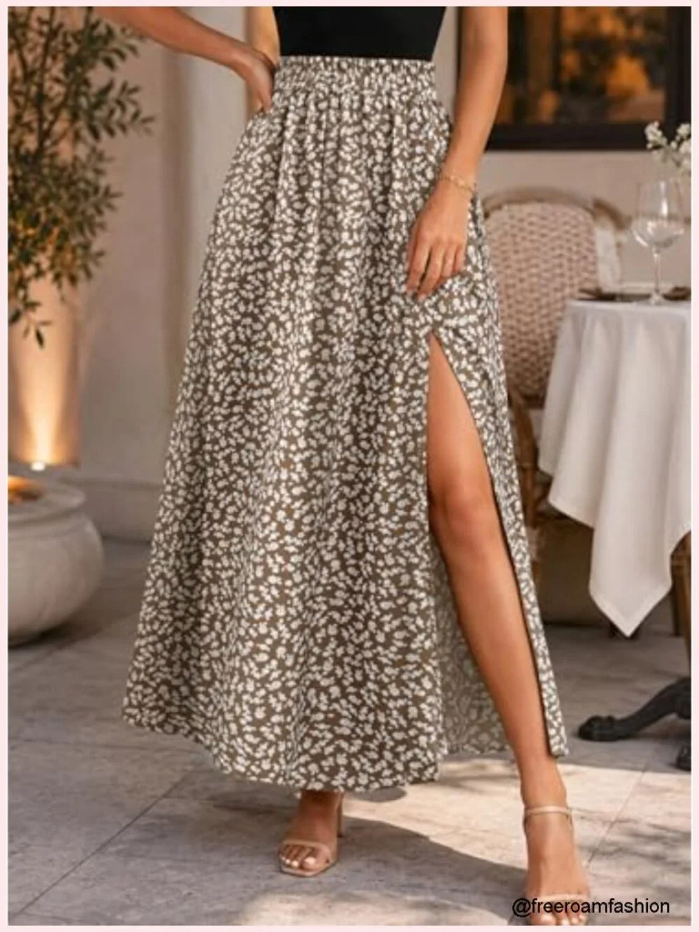 Women Boho Floral Slit Maxi Skirt High Waisted Long Skirt